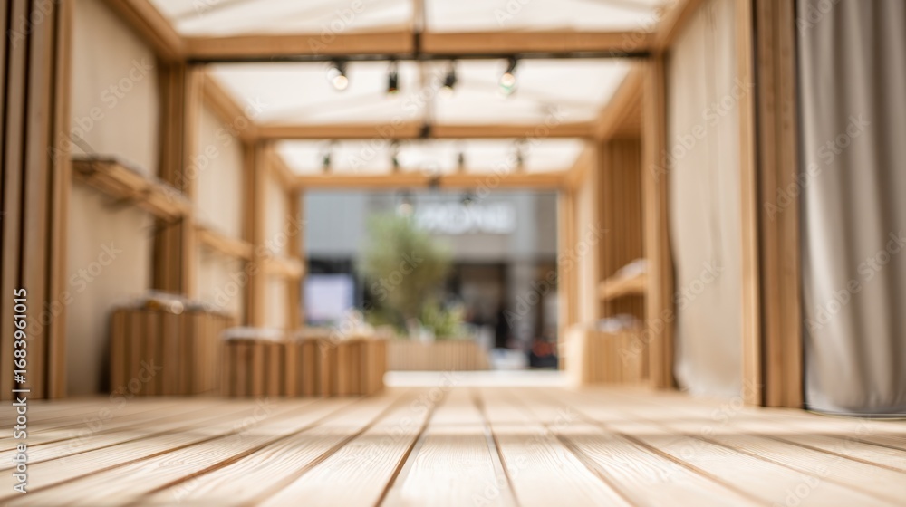 Aufkleber medium shot of a wooden popup store structure with canvas walls in sharp focus blurred background hi