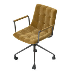 An elegant, mustard-yellow office chair with a tufted back, and metal accents