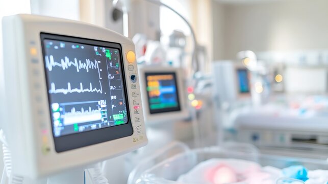 Neonatal ICU Medical Monitor Displaying Vitals and Baby Bassinet, Healthcare , Medicine