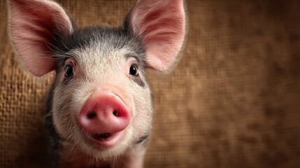 Playful piglet displaying curiosity in a rustic setting with a textured background