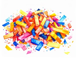 Fototapeta premium Abstract Pile of Watercolor Confetti in Festive Red Yellow and Blue Colors on White Background