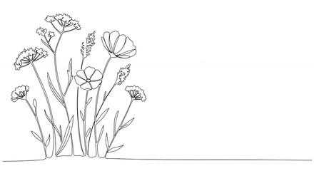 Simple line drawing of various flowers and plants