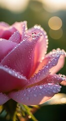 Fototapeta premium Closeup of a pink rose with water droplets on its petals in sunlight