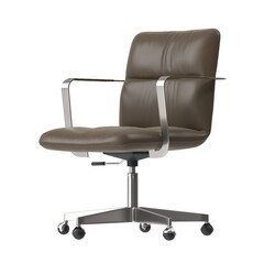 A modern, stylish office chair with a brown leather seat and metal accents. The chair sits on a wheeled base and has armrests
