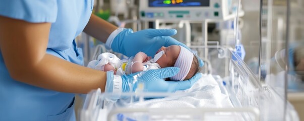 Newborn Care Nurse Holding Premature Baby in Incubator, Neonatal, NICU