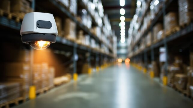 Closeup of motion sensor activating LED lights in a warehouse aisle spotlighting smart energysaving technology with outoffocus shelves.