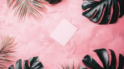 A flat lay featuring a blank white card centered on a pink textured background, surrounded by lush green tropical leaves