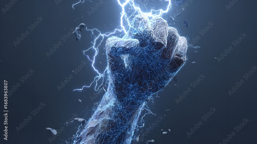 Aufkleber dynamic fists with lightning: a powerful symbol of strength and energy on a gray background.