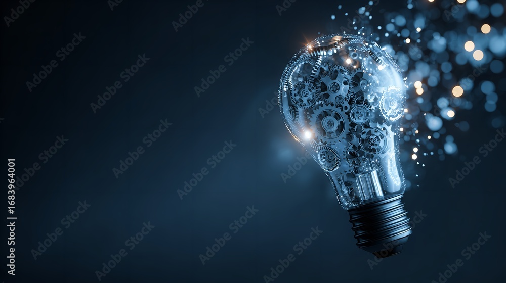 Aufkleber lightbulb filled with gears and particles against a dark background symbolizing innovative ideas.
