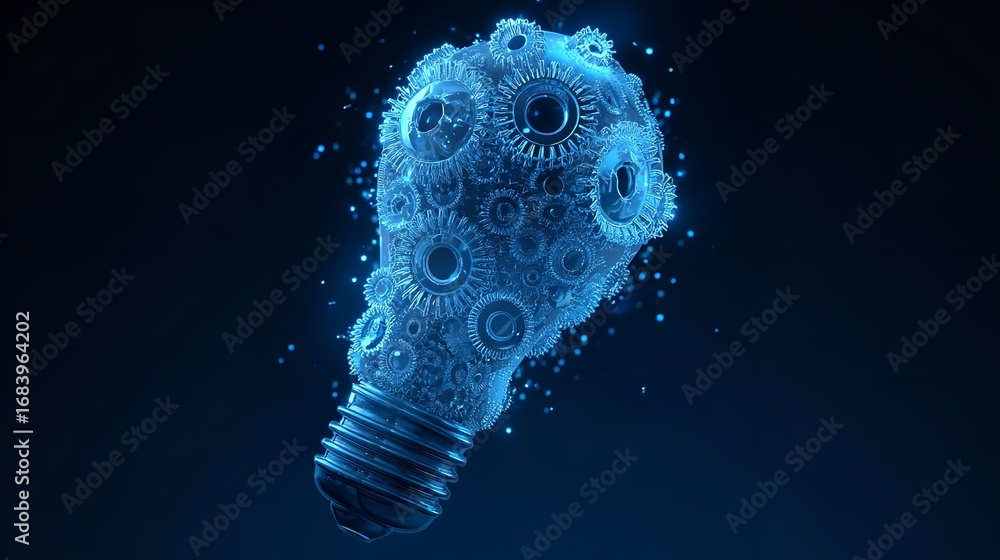Poster conceptual innovation: a mesmerizing lightbulb constructed of intricate gears illuminating new ideas