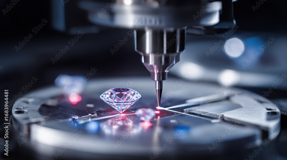 Aufkleber focused view of a futuristic gem cutting device tracing complex laser paths on a gemstone surface sh