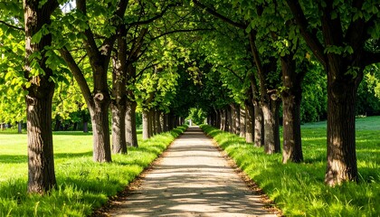 Fototapeta premium A sunlit pathway, framed by symmetrical rows of towering trees, creates a vibrant, verdant tunnel