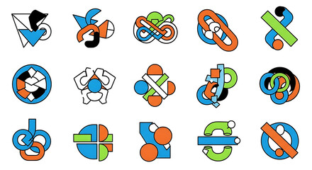 Abstract geometric shapes and symbols in a colorful pattern on a white background