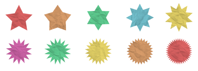Colorful retro star and sunburst vector shapes with paper texture, perfect for vintage-style badges, labels, and graphic design.