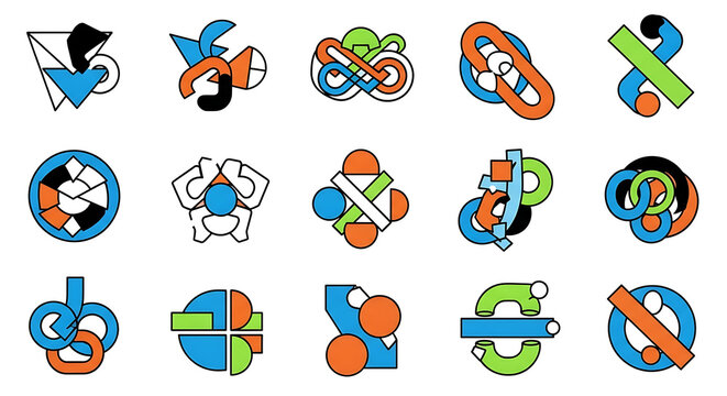 Abstract geometric shapes and symbols in a colorful pattern on a white background