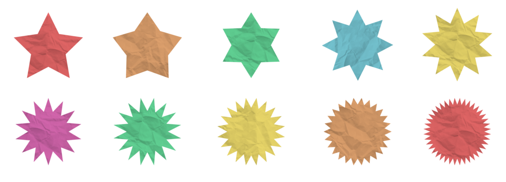 Colorful retro star and sunburst vector shapes with paper texture, perfect for vintage-style badges, labels, and graphic design.
