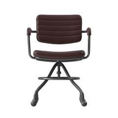 A stylish modern chair with a brown leather seat and backrest against a neutral background. The chair has a unique design with a metal frame