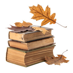Three stacked old books with dry autumn leaves on top. The scene conveys a cozy, nostalgic atmosphere, perfect for fall-themed projects.