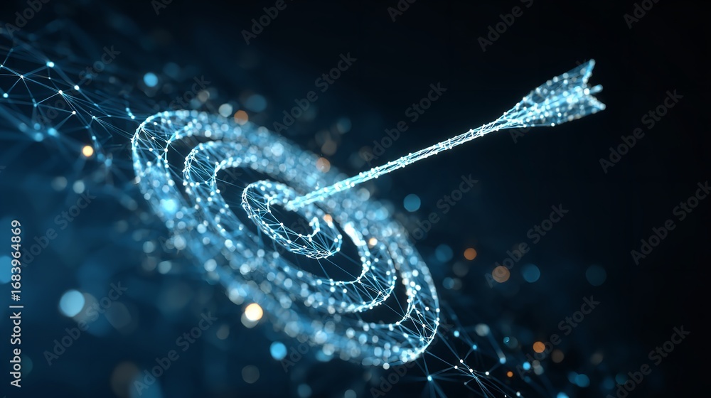 Poster digital precision: a networked arrow hitting its target in a futuristic, abstract design