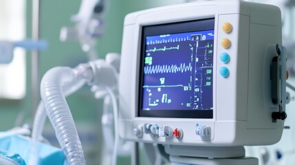 Ventilator Machine Displaying Vital Signs in Hospital Room,Healthcare, Medical Equipment