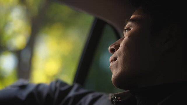 Young man gazing thoughtfully out the car window with green trees in soft sunlight