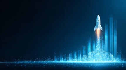 Digital Rocket Launching to Success with Blue Holographic Cityscape in Background.