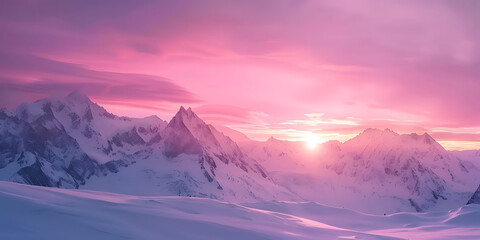 Serene pink sunset over snow-covered mountains casting warm glow on peaks and sky, creating ethereal tranquil atmosphere.