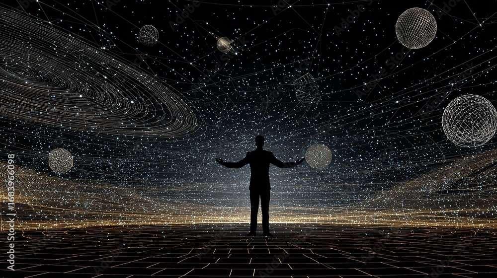 Poster cosmic connection: a silhouette embracing the universe's mystical network of data points and celesti