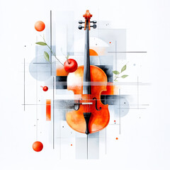 Watercolor Illustration of a Violin Surrounded by Geometric Shapes and Vibrant Colors