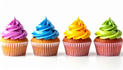 Four Delicious Cupcakes with Colorful Frosting in a Row on a White Background
