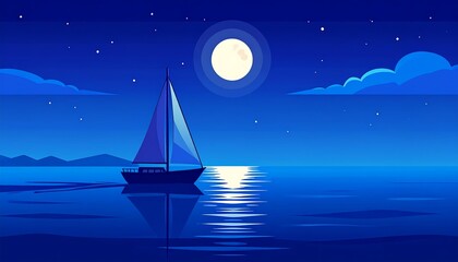 Night sailing scene with a moonlit sea