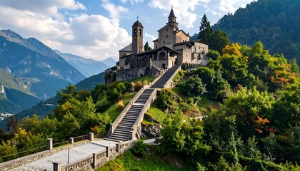 Fototapeta premium A majestic stone church, nestled amongst lush greenery and towering mountains, ascends a hillside.