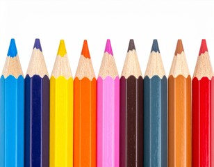 Line of Sharpened Multicolored Pencils Arranged on White Background in a Flat Lay Still Life