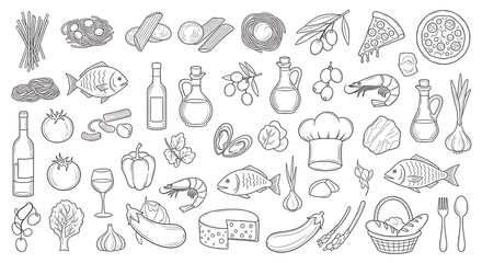 Collection of food and drink icons, black and white sketch style, isolated on white background