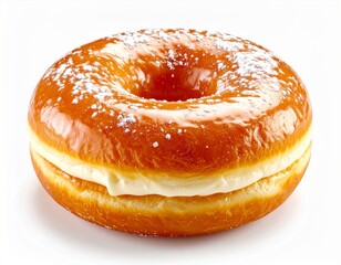 Close Up Cream Filled Donut Sprinkled with Powdered Sugar on White Background