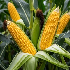 Close-up of a Fresh Corn Cob Covered in Dew Drops