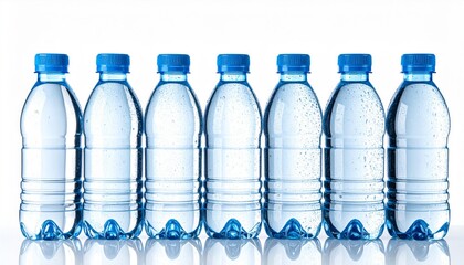 Row of Clear Plastic Water Bottles with Blue Caps on a White Background Studio Shot
