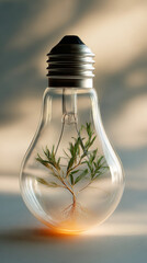 Green seedling with exposed roots sprouting inside transparent light bulb, radiating warm orange light, representing ecological innovation and renewable energy concept