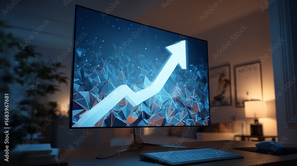 Poster monitor displaying upwards arrow with polygonal background symbolizes growth and success in an offic