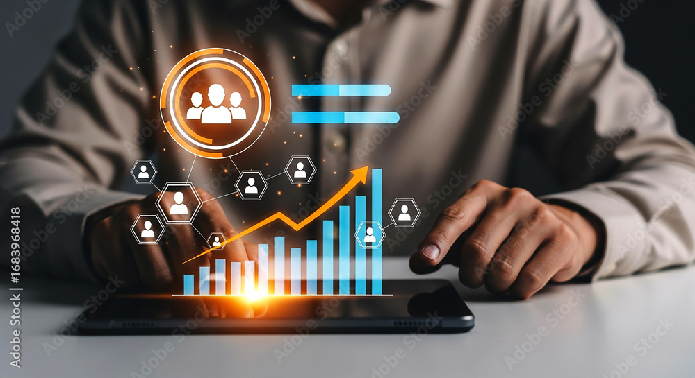 Poster person interacting with digital interface showing growth chart and team connections on tablet screen