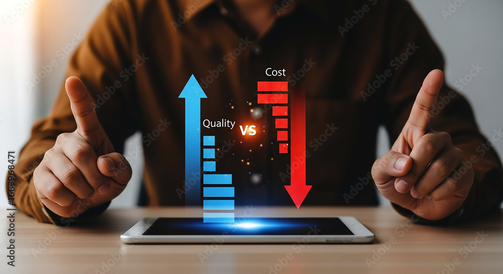Poster person gesturing at tablet displaying quality versus cost comparison with arrows and bar graphs on t