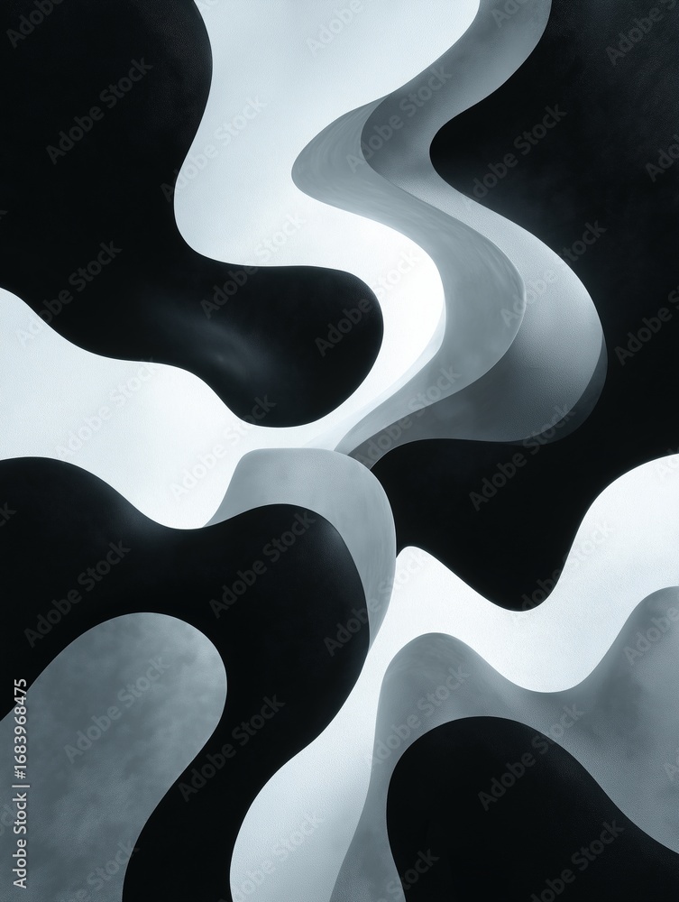 Poster abstract digital art piece with a black and white color scheme. it features multiple wavy lines that