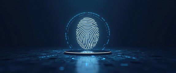 Digital fingerprint scan on futuristic platform with dark backdrop