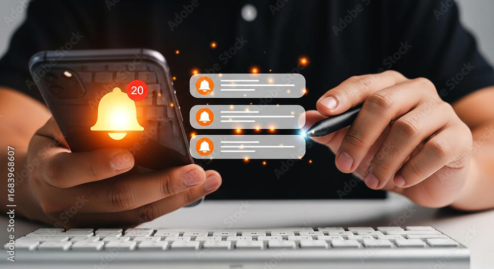 Poster person holding a phone with notification icons and using a stylus near a keyboard on a white table o