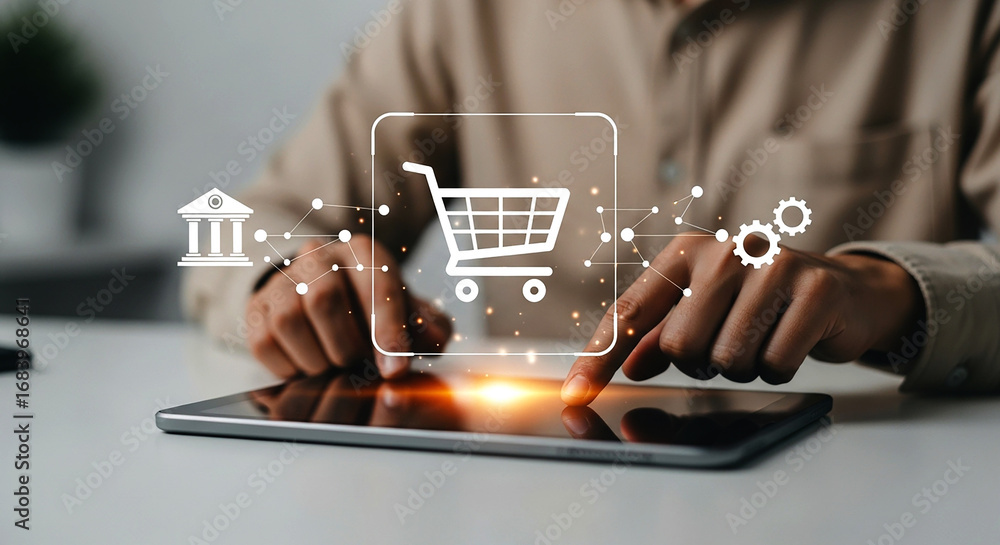 Poster person using tablet with online banking and shopping cart icons displayed above the screen surface a