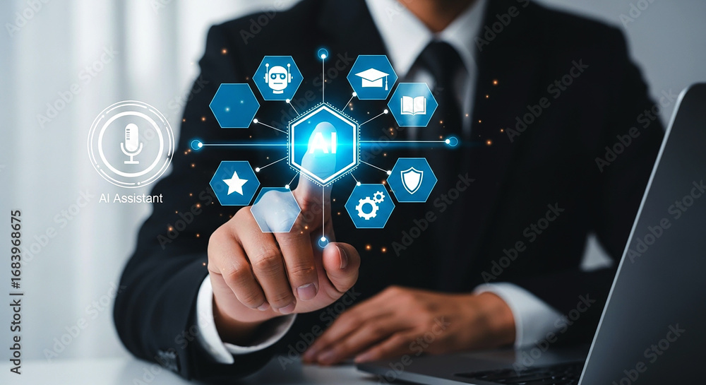 Aufkleber businessman interacting with ai interface displaying various icons in a digital environment setup on