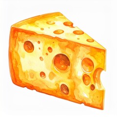 Watercolor Illustration of a Slice of Swiss Cheese with Holes on a White Background