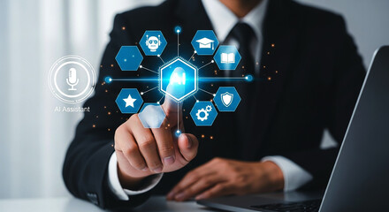 Businessman interacting with ai interface displaying various icons in a digital environment setup on transparent background