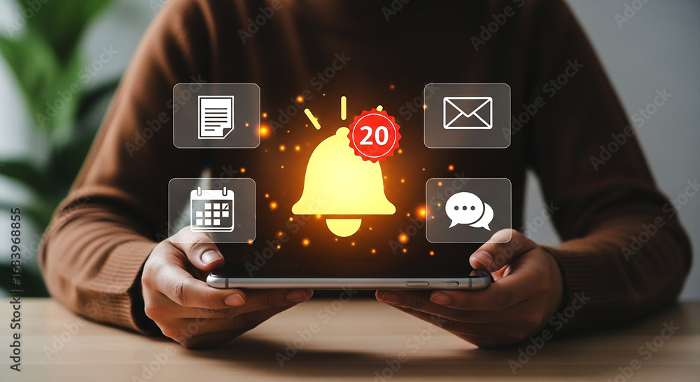 Poster person holding mobile phone with notification bell and icons floating above the screen display devic