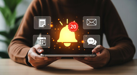 Person holding mobile phone with notification bell and icons floating above the screen display device on transparent background